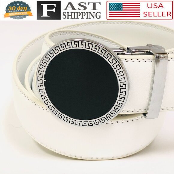 Fashion Leather Silver Round Buckle White Belt Automatic Jeans Dress Meander New - Picture 1 of 3